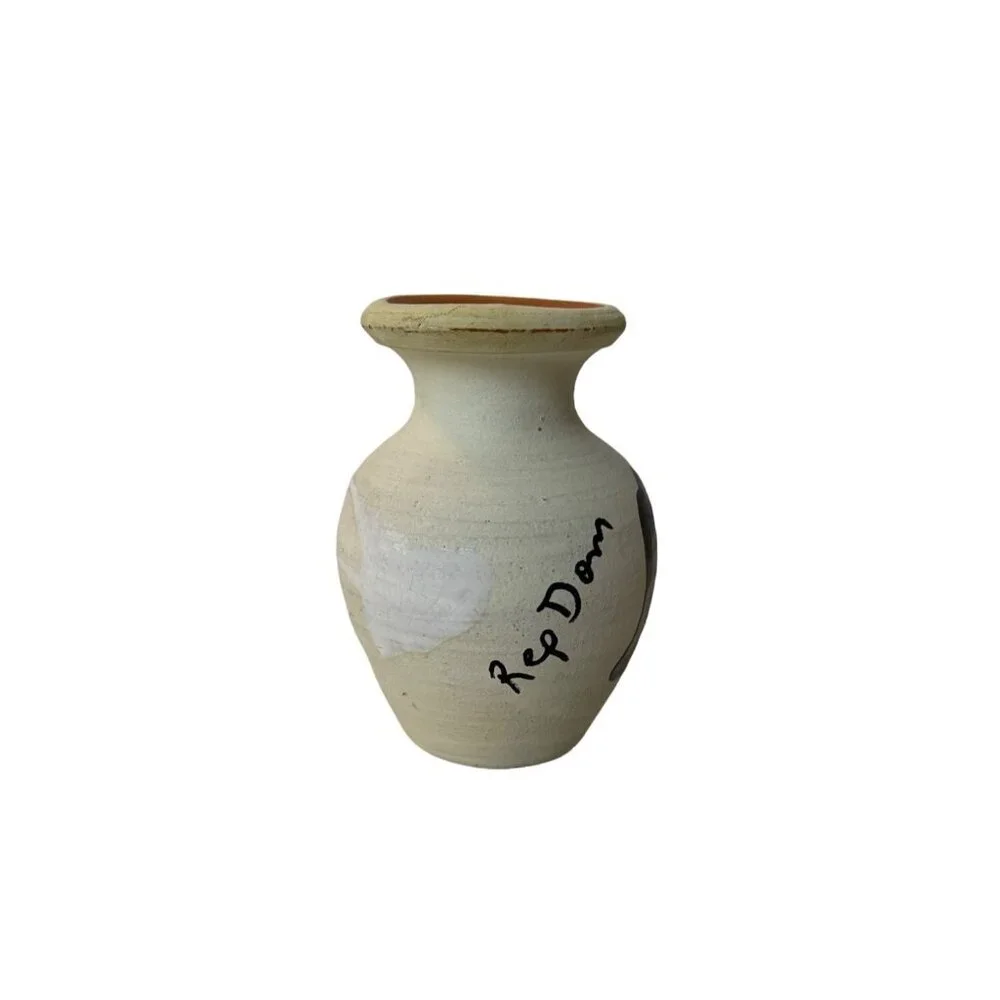 Handcrafted Dominican clay Vase With Abstract Painted Design Beige With Green &